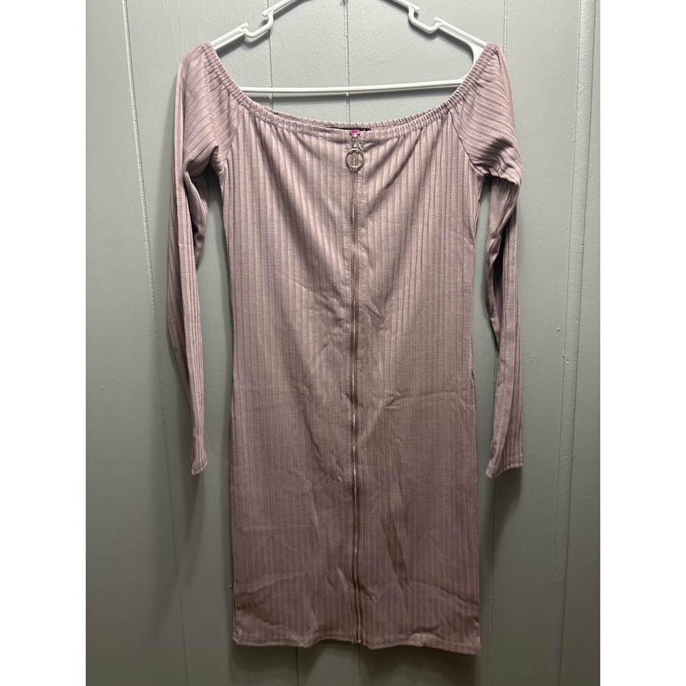 Mauve Ribbed Long Sleeve Off Shoulder Zip Front Bodycon Dress M